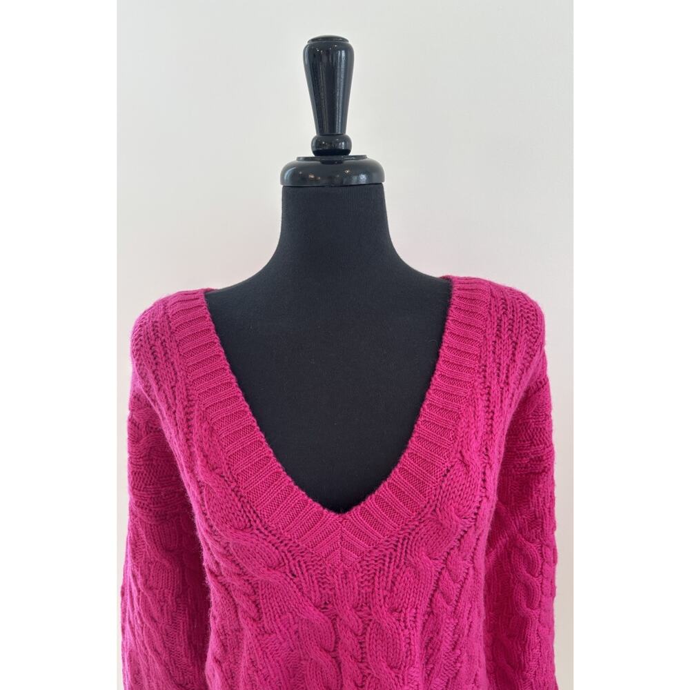 Evan Picone Vntg Fuchsia Pink Deep V Neck 100% Wool Heavy Sweater Oversized M - Picture 3 of 6